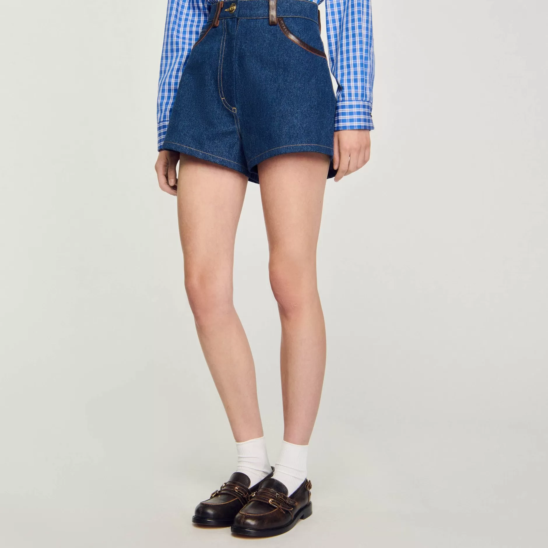 Sandro Shorts Di Jeans Con Dettagli In Pelle<Donna Sets | Gonne & Short