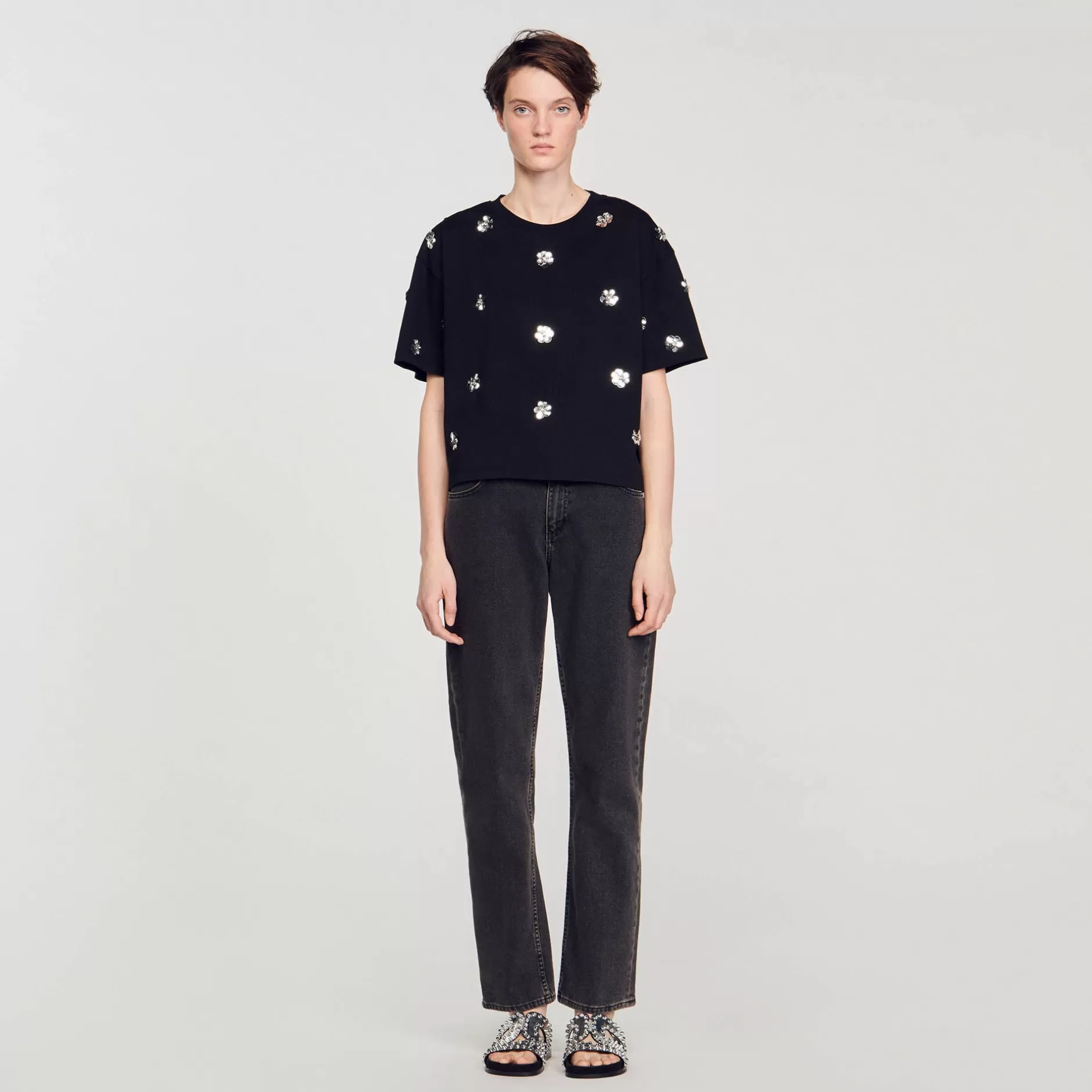Sandro T-shirt Decorata Con Lustrini A Fiori<Donna Magliette